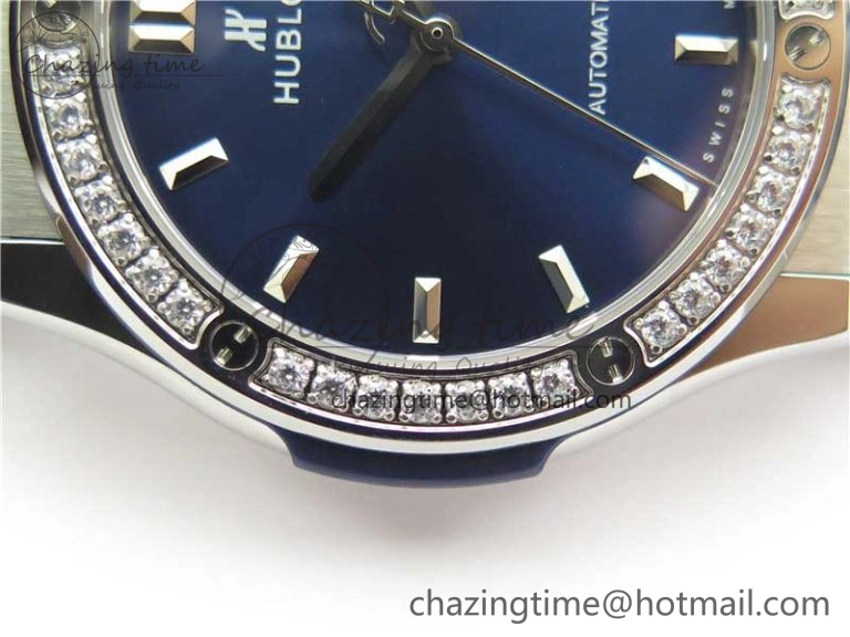Fusion 42mm SS Paved Diamonds Bezel B50F Blue Dial On Gummy Strap A Durable 6787