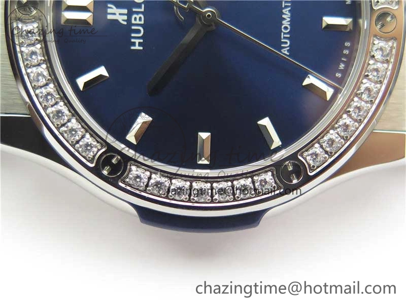 Fusion 42mm SS Paved Diamonds Bezel B50F Blue Dial On Gummy Strap A Durable 6787