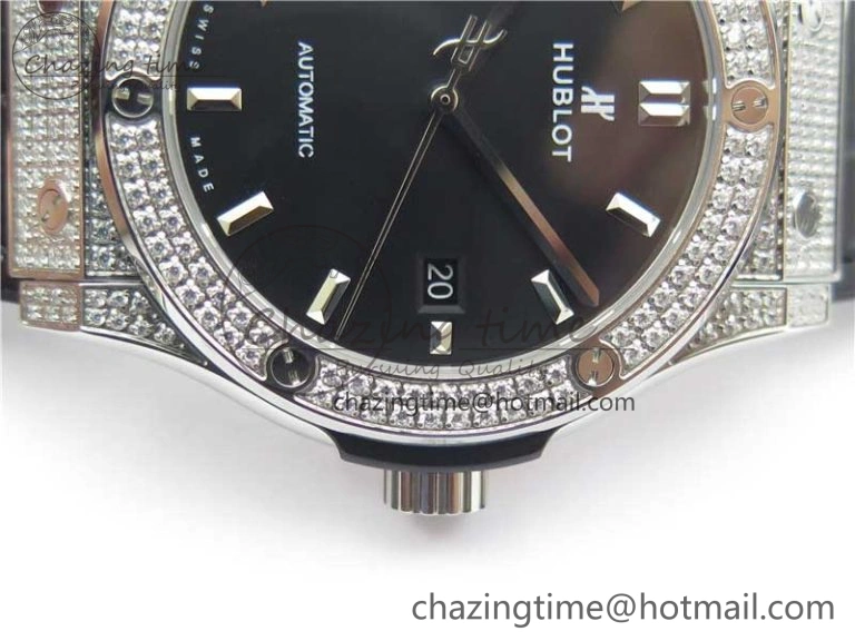 GoodFit Fusion 42mm SS Paved Diamonds Case Bezel B50F Black Dial On Gummy Strap A 6785