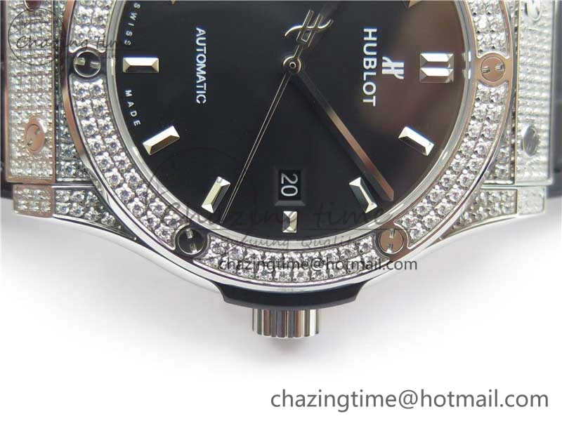 GoodFit Fusion 42mm SS Paved Diamonds Case Bezel B50F Black Dial On Gummy Strap A 6785