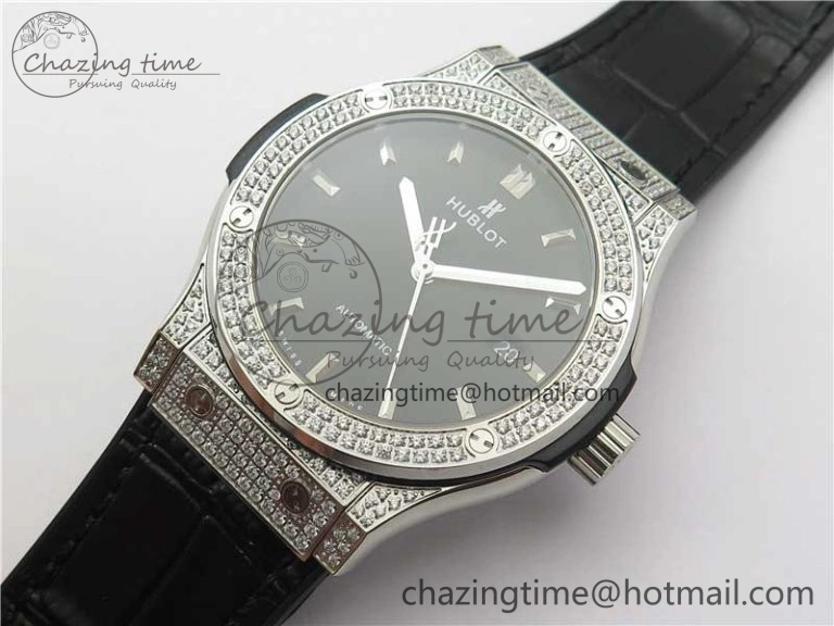 GoodFit Fusion 42mm SS Paved Diamonds Case Bezel B50F Black Dial On Gummy Strap A 6785