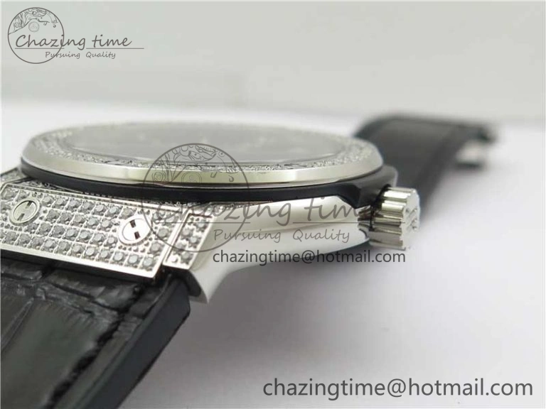 GoodFit Fusion 42mm SS Paved Diamonds Case Bezel B50F Black Dial On Gummy Strap A 6785