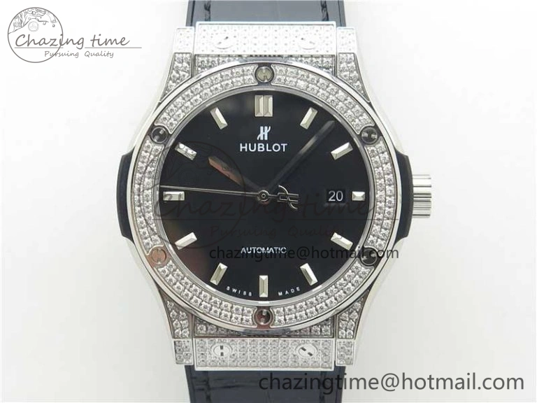 GoodFit Fusion 42mm SS Paved Diamonds Case Bezel B50F Black Dial On Gummy Strap A 6785