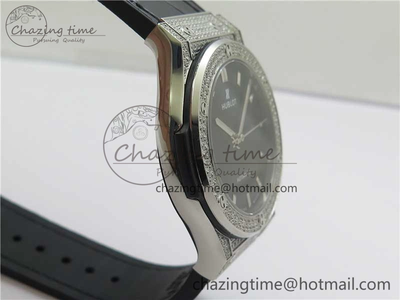 GoodFit Fusion 42mm SS Paved Diamonds Case Bezel B50F Black Dial On Gummy Strap A 6785