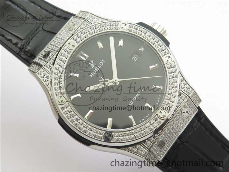 GoodFit Fusion 42mm SS Paved Diamonds Case Bezel B50F Black Dial On Gummy Strap A 6785