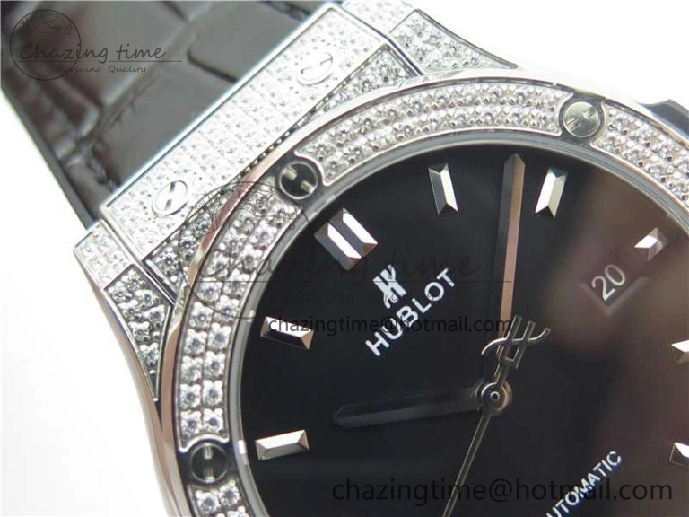 GoodFit Fusion 42mm SS Paved Diamonds Case Bezel B50F Black Dial On Gummy Strap A 6785