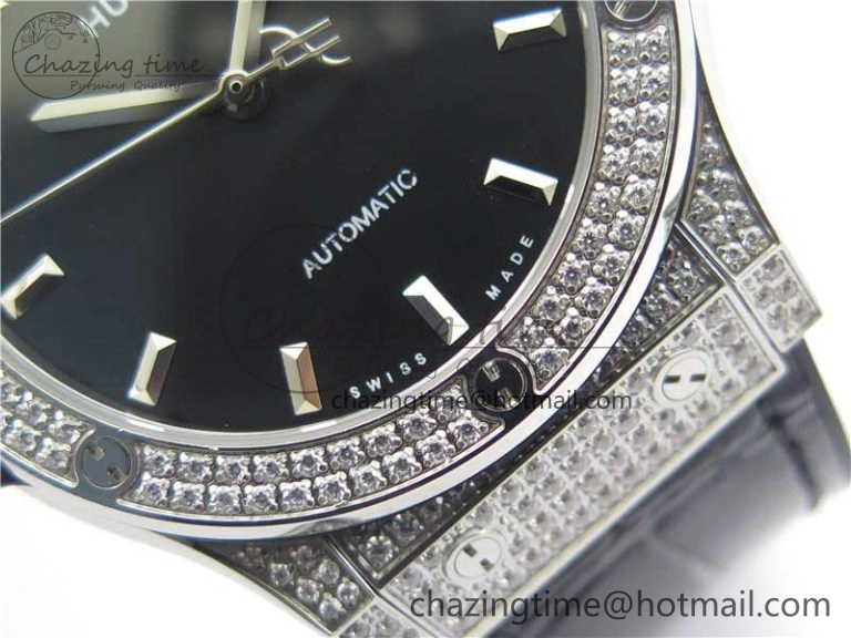 GoodFit Fusion 42mm SS Paved Diamonds Case Bezel B50F Black Dial On Gummy Strap A 6785
