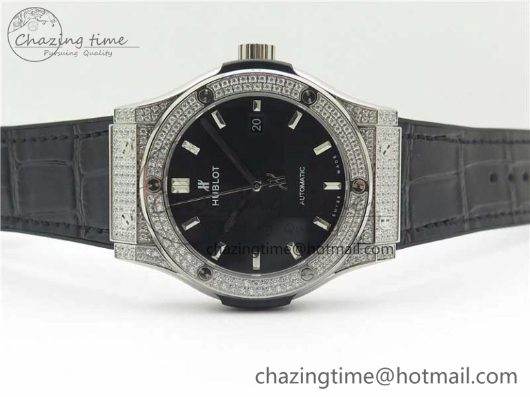 GoodFit Fusion 42mm SS Paved Diamonds Case Bezel B50F Black Dial On Gummy Strap A 6785