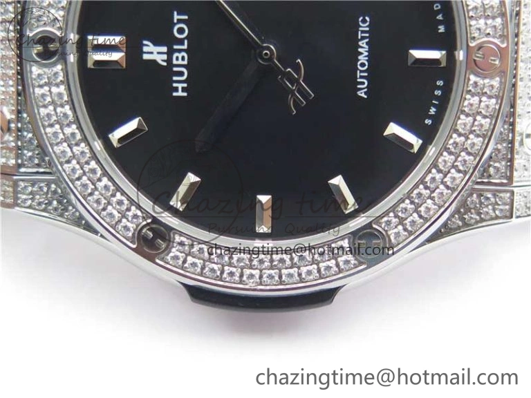 GoodFit Fusion 42mm SS Paved Diamonds Case Bezel B50F Black Dial On Gummy Strap A 6785