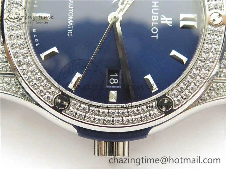 ModernLook Fusion 42mm SS Paved Diamonds Case Bezel B50F Blue Dial On Gummy Strap A 6784