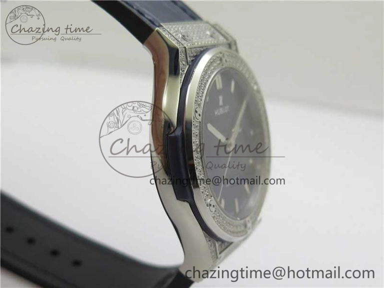ModernLook Fusion 42mm SS Paved Diamonds Case Bezel B50F Blue Dial On Gummy Strap A 6784