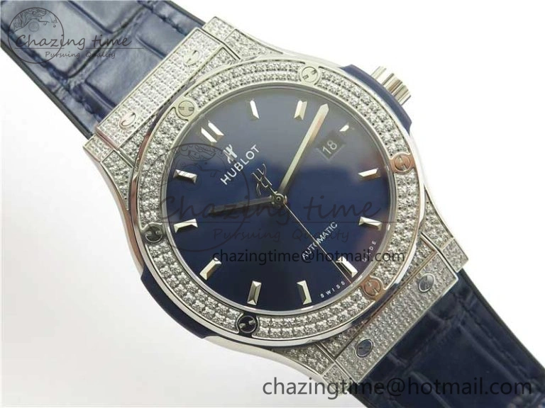 ModernLook Fusion 42mm SS Paved Diamonds Case Bezel B50F Blue Dial On Gummy Strap A 6784