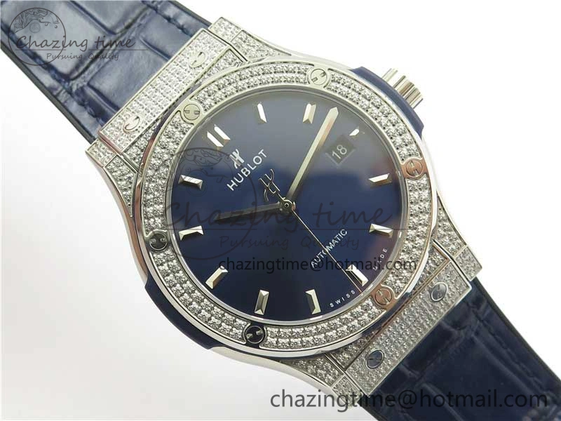 ModernLook Fusion 42mm SS Paved Diamonds Case Bezel B50F Blue Dial On Gummy Strap A 6784