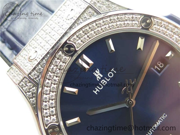 ModernLook Fusion 42mm SS Paved Diamonds Case Bezel B50F Blue Dial On Gummy Strap A 6784