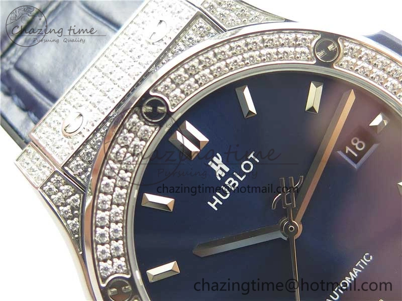 ModernLook Fusion 42mm SS Paved Diamonds Case Bezel B50F Blue Dial On Gummy Strap A 6784