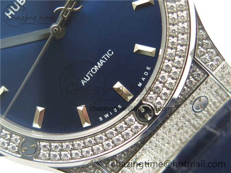 ModernLook Fusion 42mm SS Paved Diamonds Case Bezel B50F Blue Dial On Gummy Strap A 6784