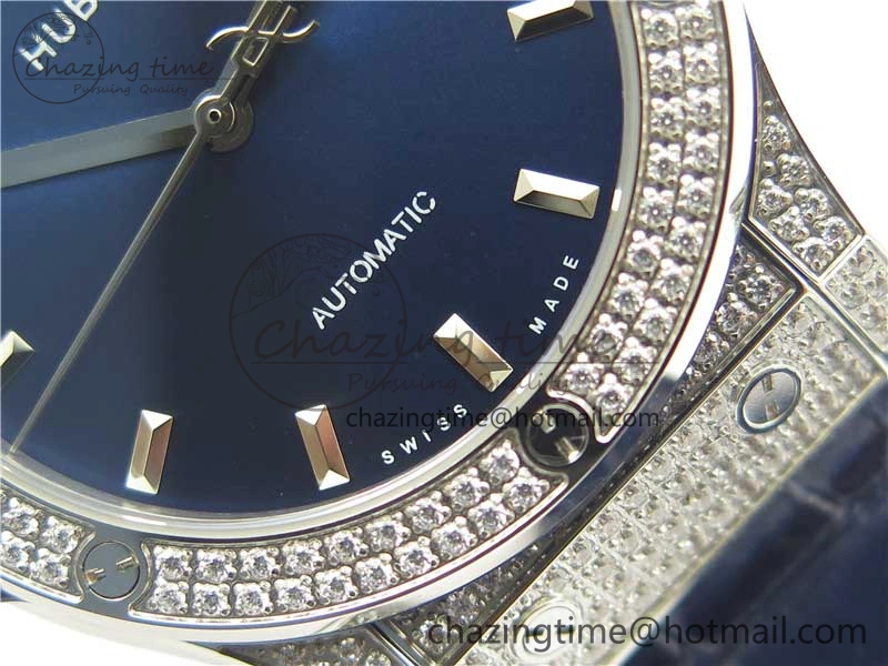 ModernLook Fusion 42mm SS Paved Diamonds Case Bezel B50F Blue Dial On Gummy Strap A 6784