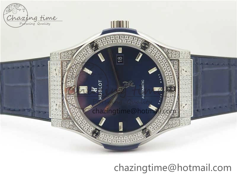 ModernLook Fusion 42mm SS Paved Diamonds Case Bezel B50F Blue Dial On Gummy Strap A 6784