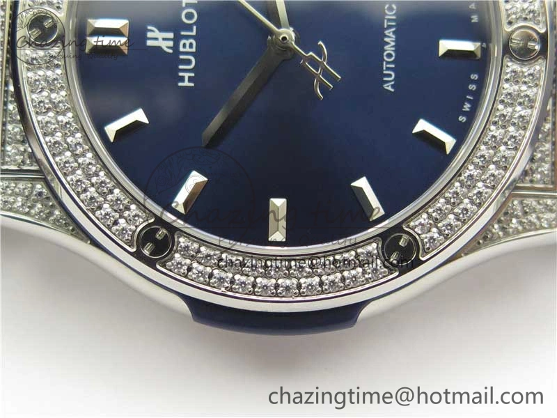 ModernLook Fusion 42mm SS Paved Diamonds Case Bezel B50F Blue Dial On Gummy Strap A 6784