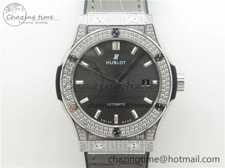 Fusion 42mm SS Paved Diamonds Case Bezel B50F Gray Dial On Gummy Strap A Stylish 6786