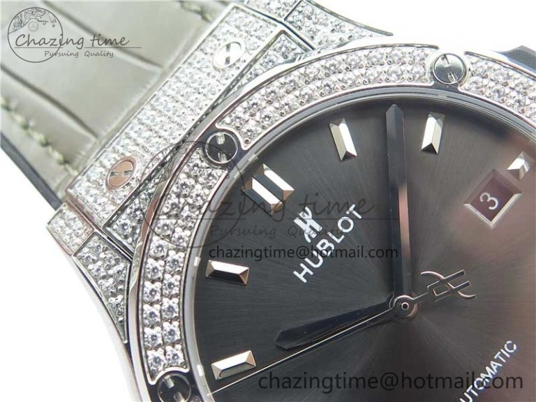 Fusion 42mm SS Paved Diamonds Case Bezel B50F Gray Dial On Gummy Strap A Stylish 6786