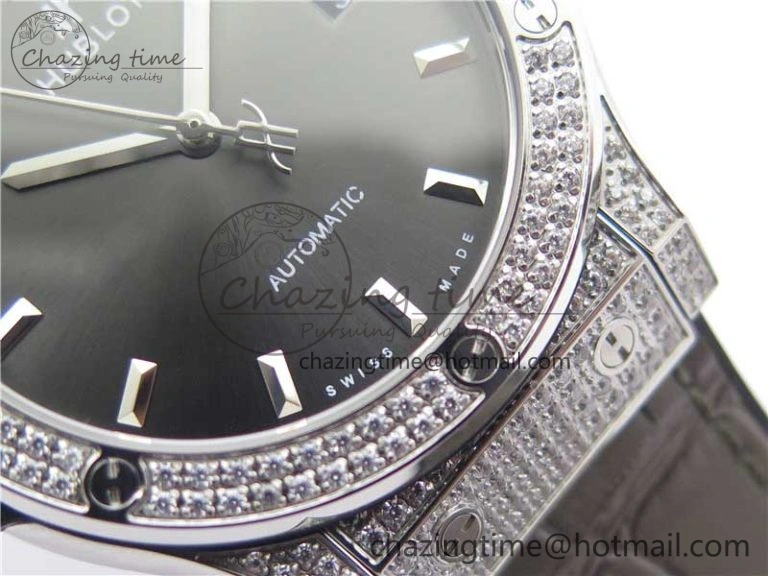Fusion 42mm SS Paved Diamonds Case Bezel B50F Gray Dial On Gummy Strap A Stylish 6786