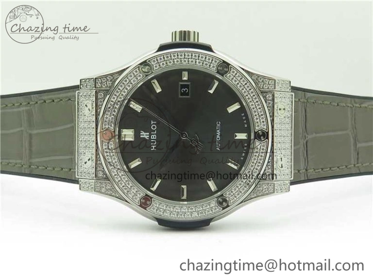 Fusion 42mm SS Paved Diamonds Case Bezel B50F Gray Dial On Gummy Strap A Stylish 6786