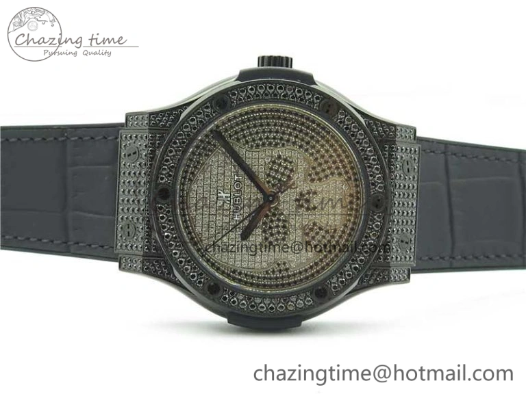 QuickDry Fusion Automatic  DLC Diamonds Case WWF Best Edition Diamonds Skull Dial on Black Gummy Strap HB 6818