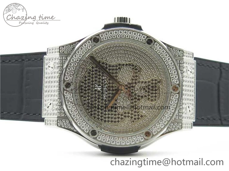 WellDesigned Fusion Automatic SS WWF Best Edition Diamonds Case Diamonds Skull Dial on Black Leather Strap HB 6827