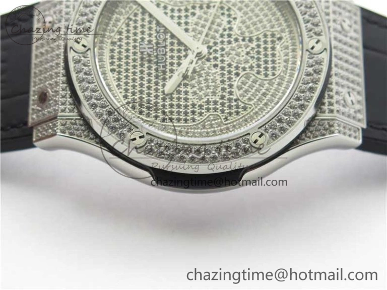 WellDesigned Fusion Automatic SS WWF Best Edition Diamonds Case Diamonds Skull Dial on Black Leather Strap HB 6827