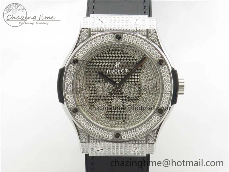 WellDesigned Fusion Automatic SS WWF Best Edition Diamonds Case Diamonds Skull Dial on Black Leather Strap HB 6827