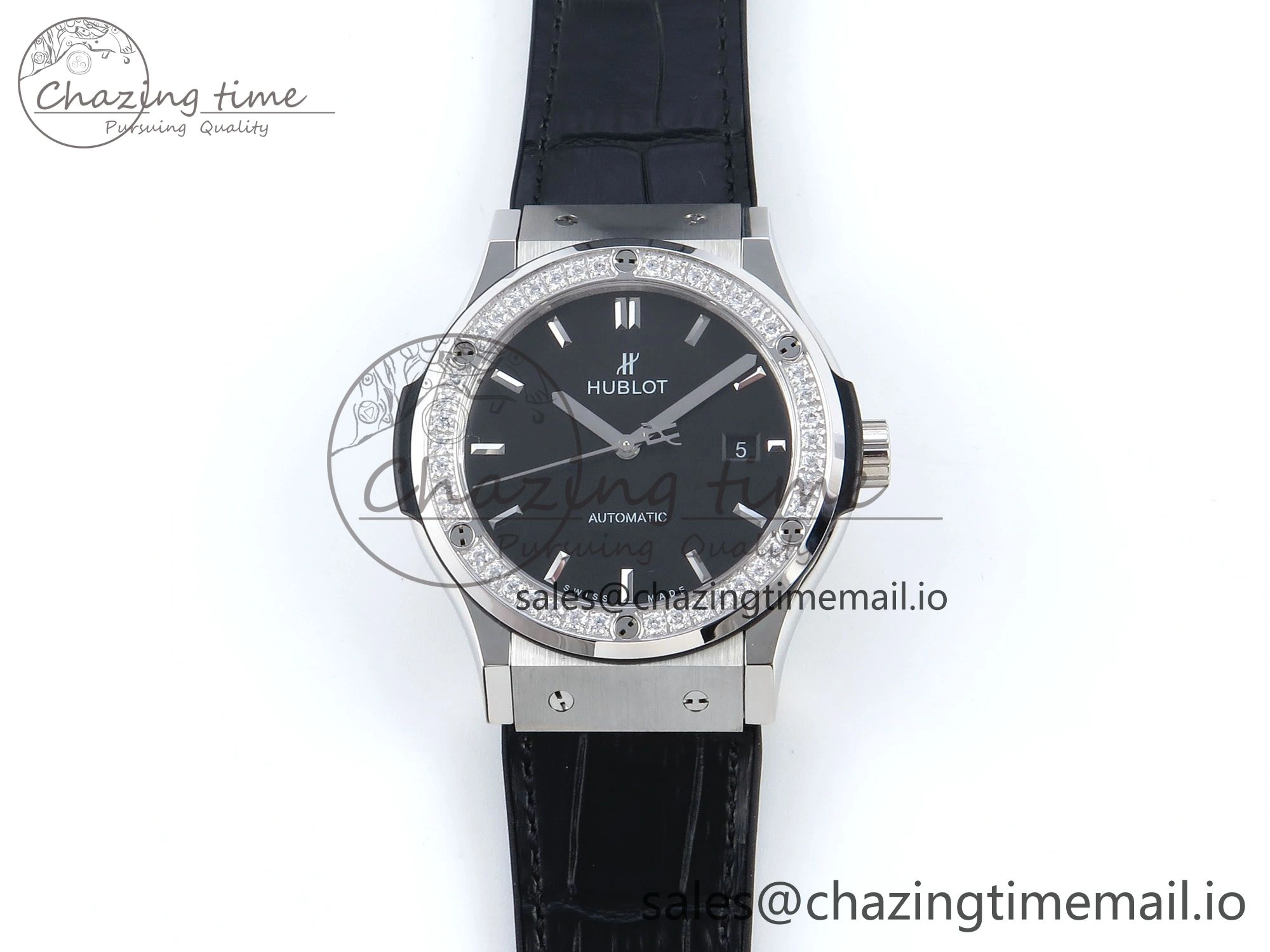 Fusion Bang 42mm HBF 1:1 Best Edition Black Dial Diamonds Bezel on Black Leather Strap A TravelReady 6680