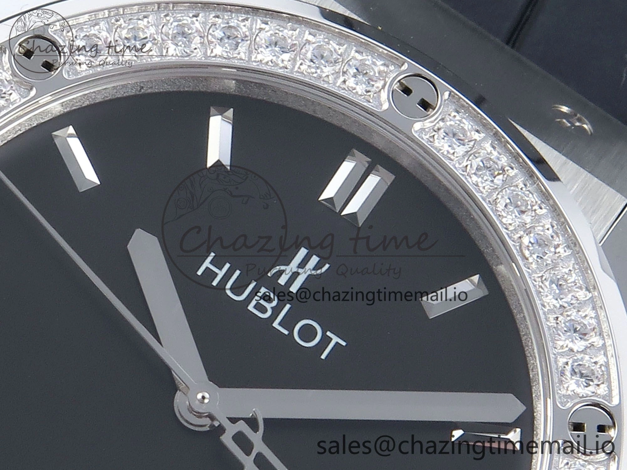 Fusion Bang 42mm HBF 1:1 Best Edition Black Dial Diamonds Bezel on Black Leather Strap A TravelReady 6680
