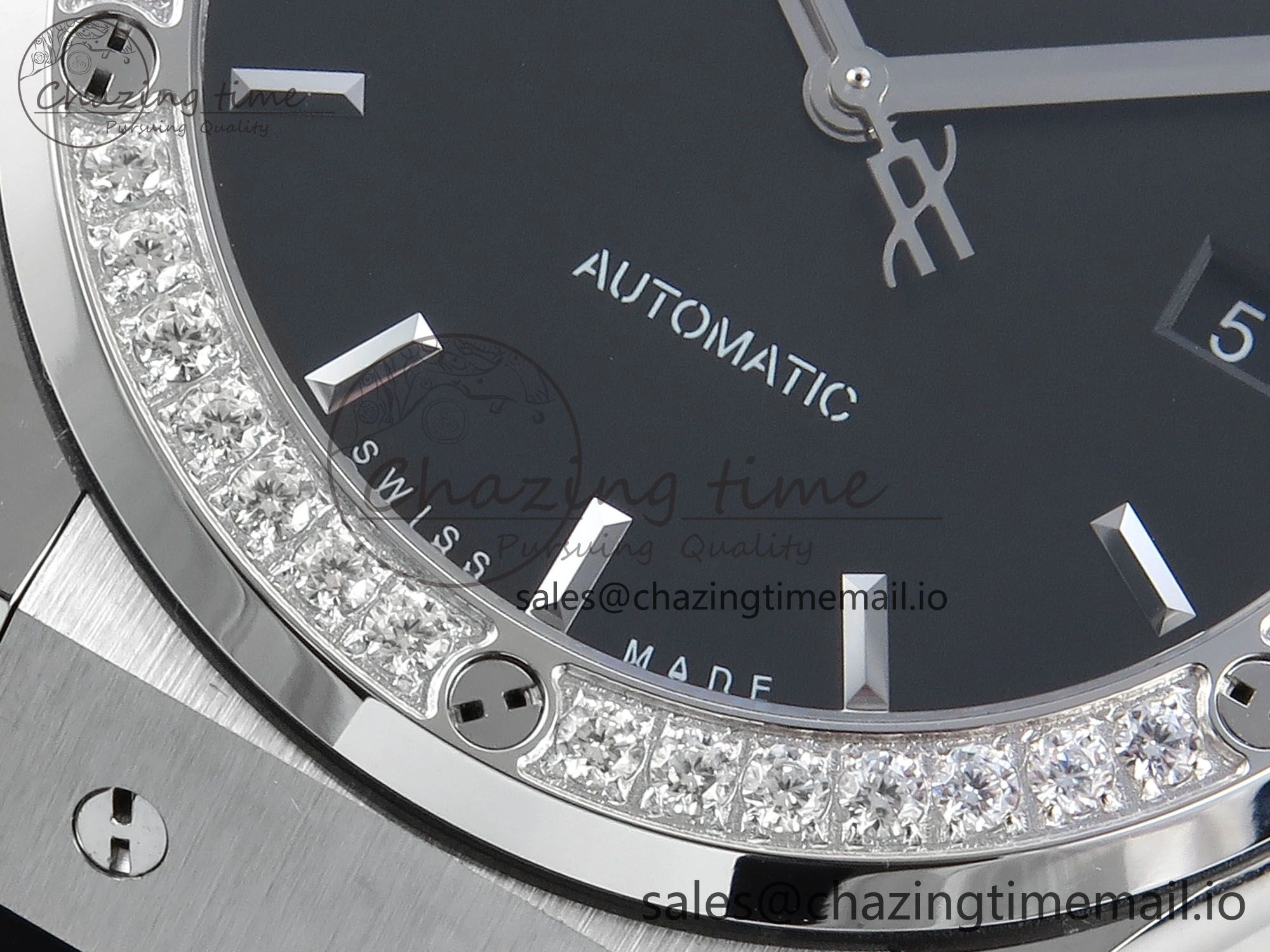 Fusion Bang 42mm HBF 1:1 Best Edition Black Dial Diamonds Bezel on Black Leather Strap A TravelReady 6680