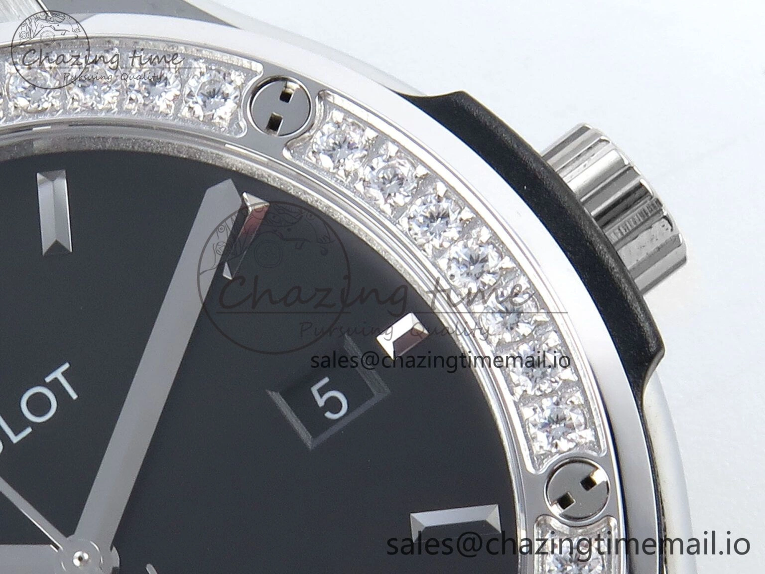 Fusion Bang 42mm HBF 1:1 Best Edition Black Dial Diamonds Bezel on Black Leather Strap A TravelReady 6680