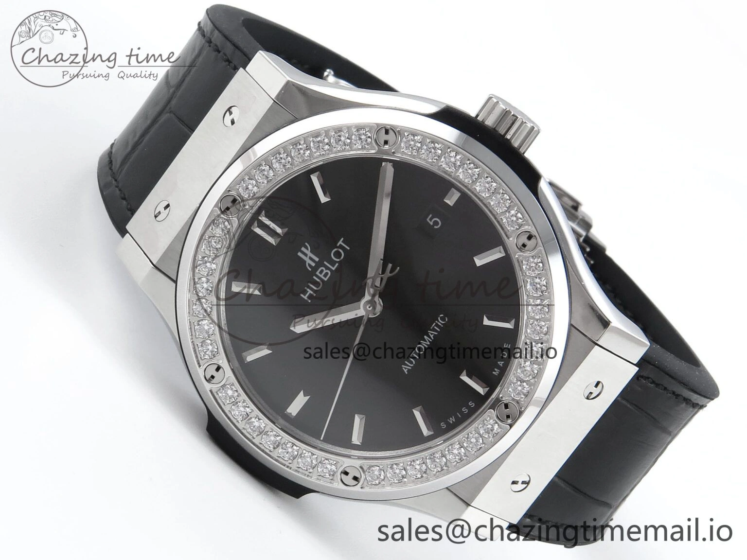 Fusion Bang 42mm HBF 1:1 Best Edition Black Dial Diamonds Bezel on Black Leather Strap A TravelReady 6680
