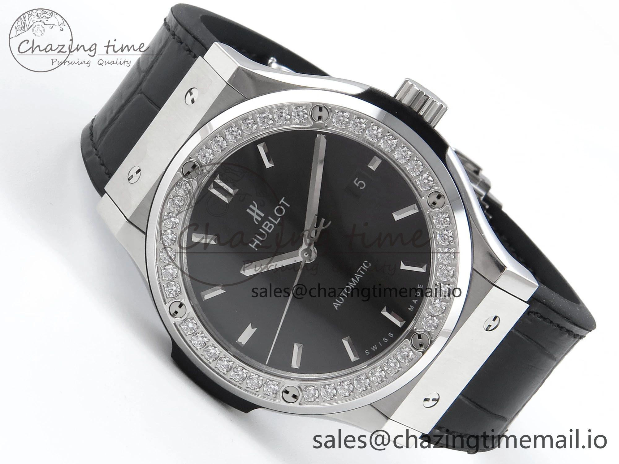 Fusion Bang 42mm HBF 1:1 Best Edition Black Dial Diamonds Bezel on Black Leather Strap A TravelReady 6680