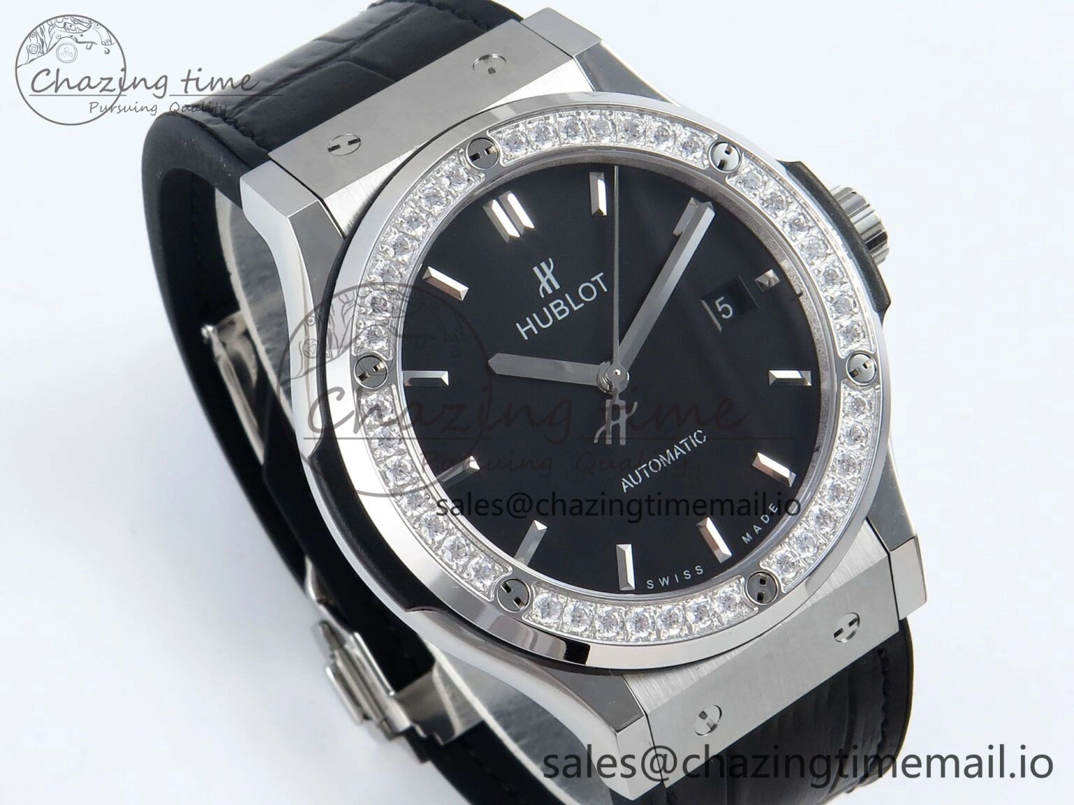 Fusion Bang 42mm HBF 1:1 Best Edition Black Dial Diamonds Bezel on Black Leather Strap A TravelReady 6680