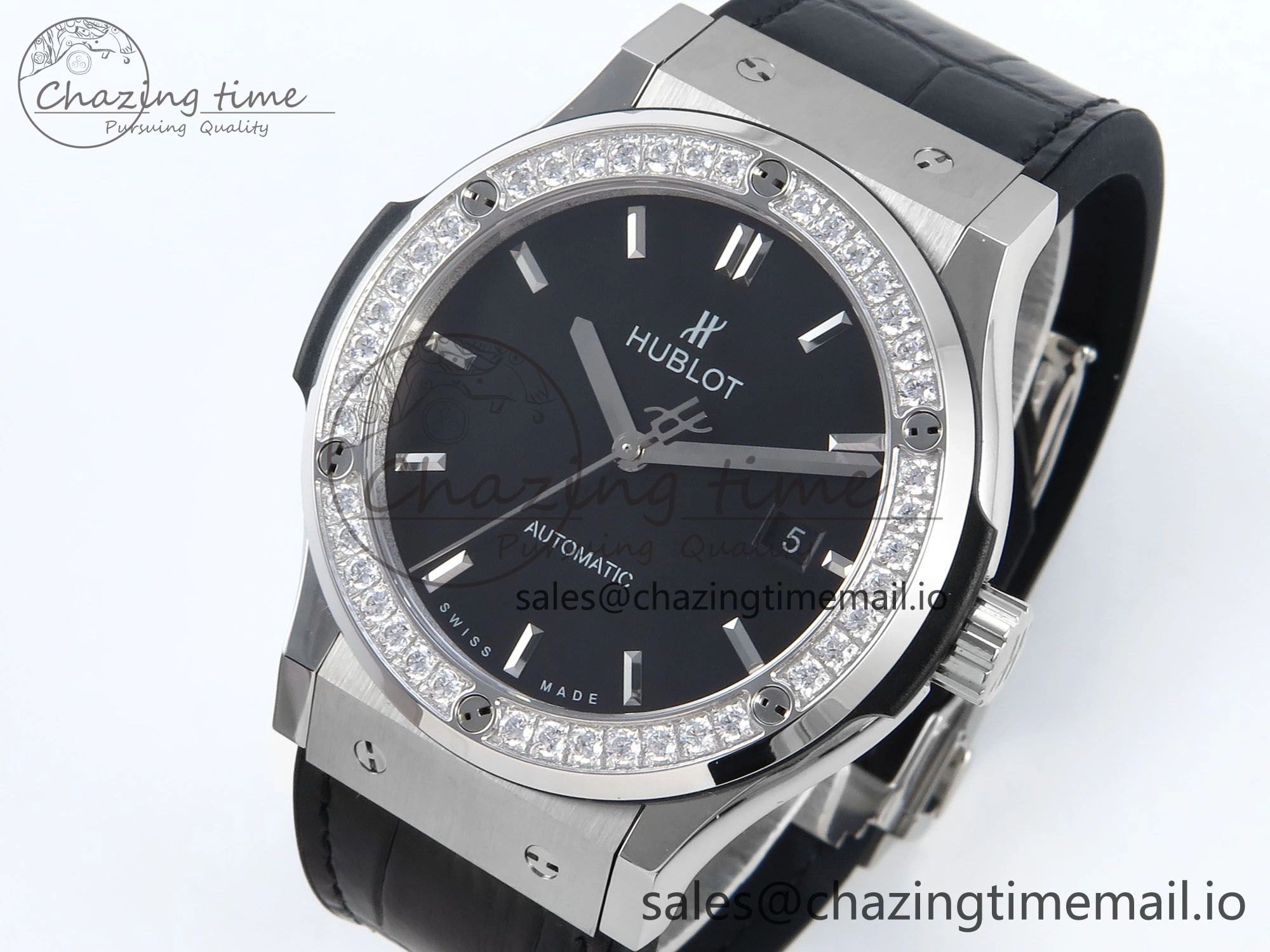 Fusion Bang 42mm HBF 1:1 Best Edition Black Dial Diamonds Bezel on Black Leather Strap A TravelReady 6680