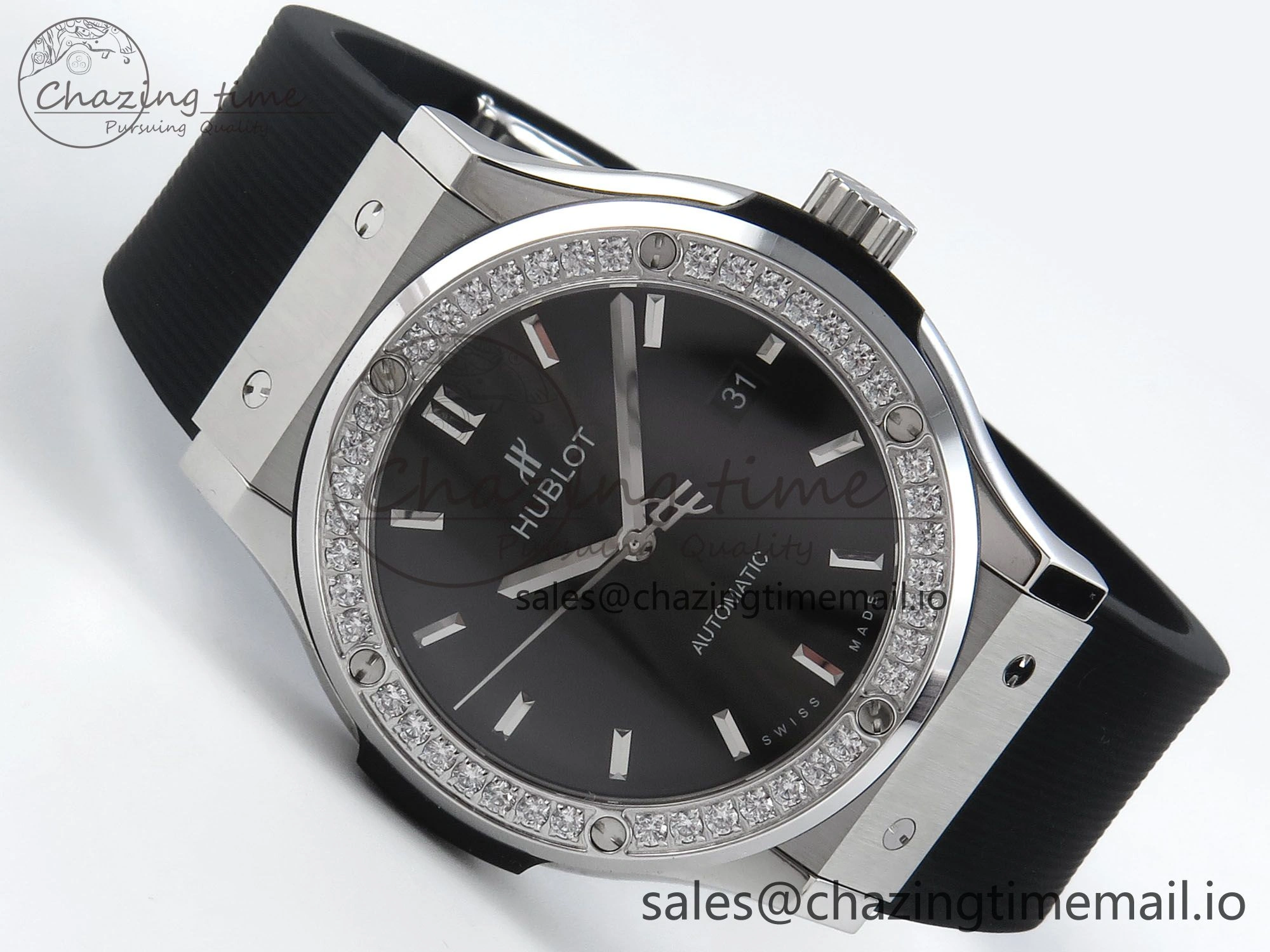 Lightweight Fusion Bang 42mm HBF 1:1 Best Edition Black Dial Diamonds Bezel on Black Rubber Strap A 6685