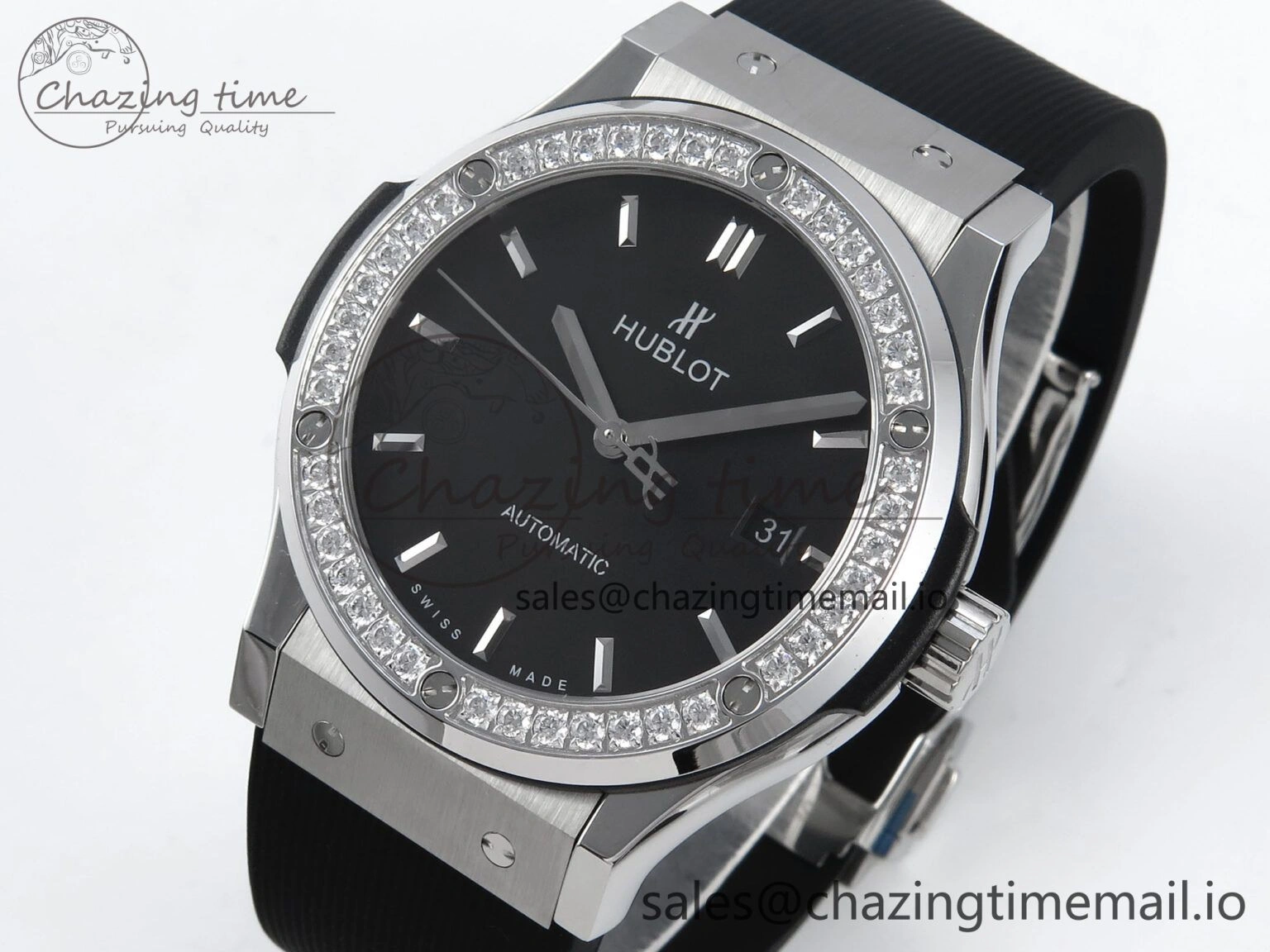 Lightweight Fusion Bang 42mm HBF 1:1 Best Edition Black Dial Diamonds Bezel on Black Rubber Strap A 6685