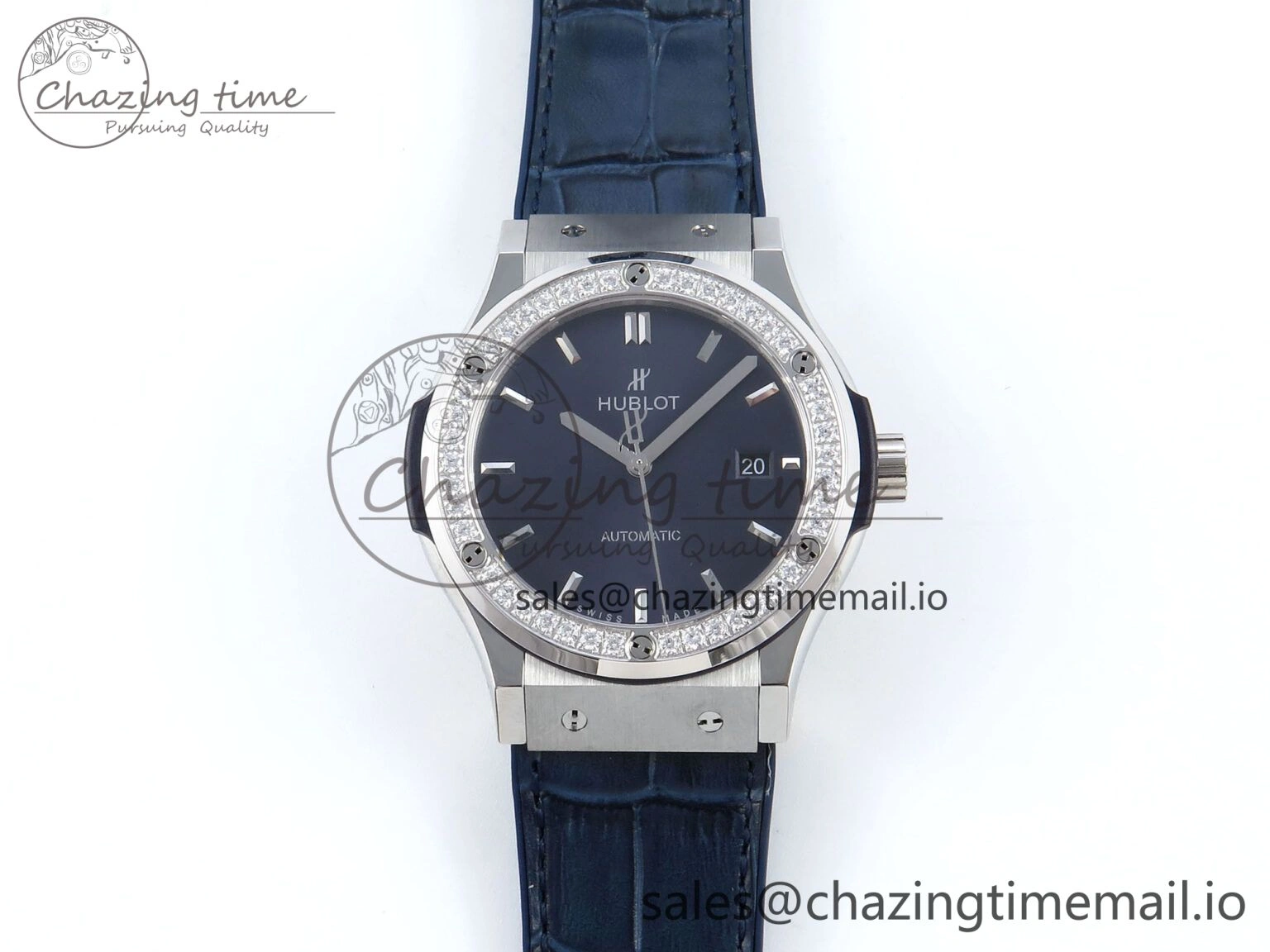 Bold Fusion Bang 42mm HBF 1:1 Best Edition Blue Dial Diamonds Bezel on Blue Leather Strap A 6679