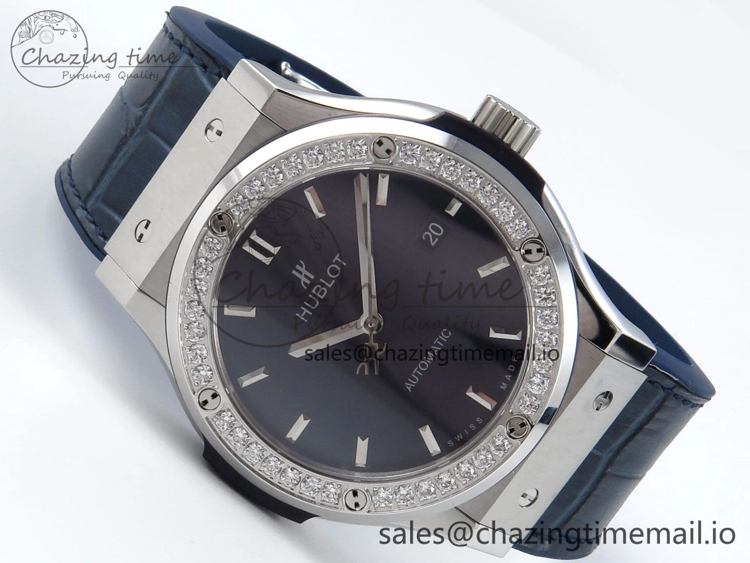 Bold Fusion Bang 42mm HBF 1:1 Best Edition Blue Dial Diamonds Bezel on Blue Leather Strap A 6679