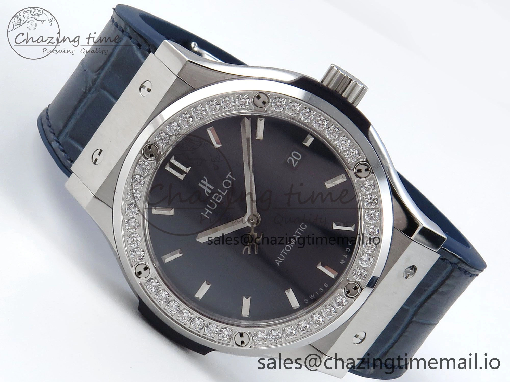 Bold Fusion Bang 42mm HBF 1:1 Best Edition Blue Dial Diamonds Bezel on Blue Leather Strap A 6679