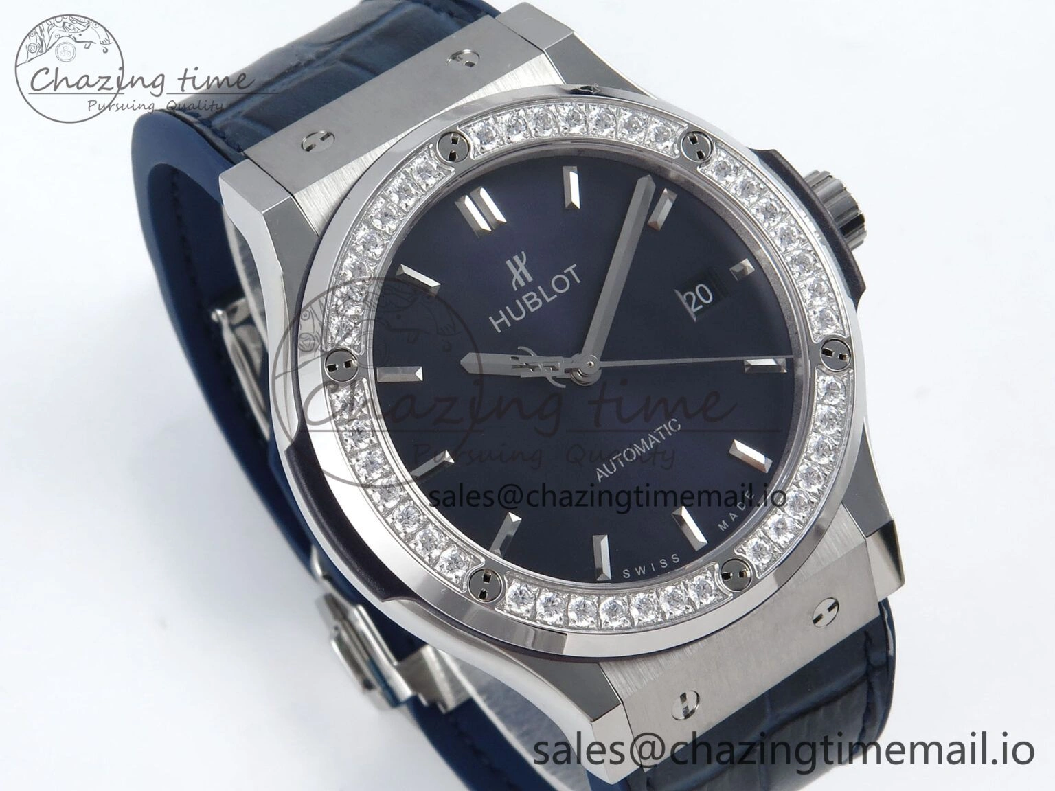 Bold Fusion Bang 42mm HBF 1:1 Best Edition Blue Dial Diamonds Bezel on Blue Leather Strap A 6679