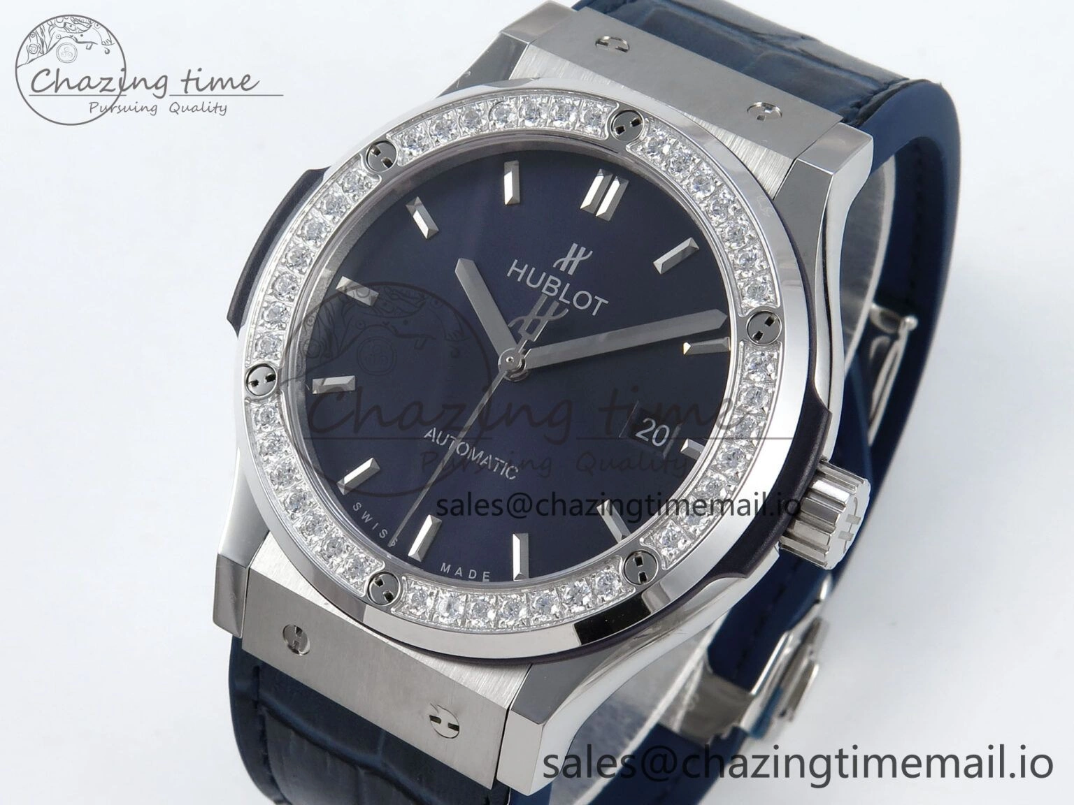 Bold Fusion Bang 42mm HBF 1:1 Best Edition Blue Dial Diamonds Bezel on Blue Leather Strap A 6679