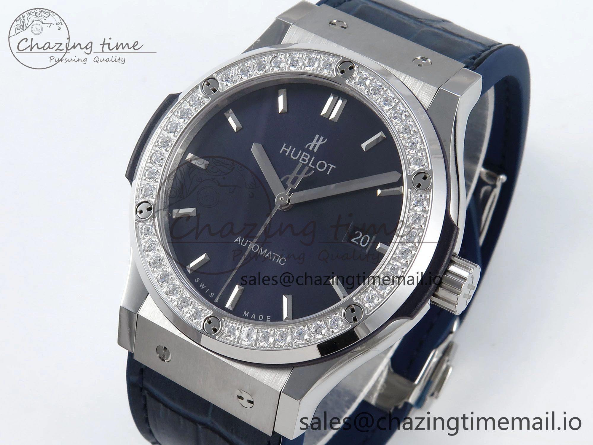 Bold Fusion Bang 42mm HBF 1:1 Best Edition Blue Dial Diamonds Bezel on Blue Leather Strap A 6679