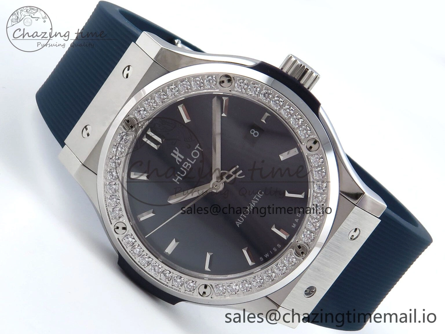 Contemporary Fusion Bang 42mm HBF 1:1 Best Edition Blue Dial Diamonds Bezel on Blue Rubber Strap A 6686