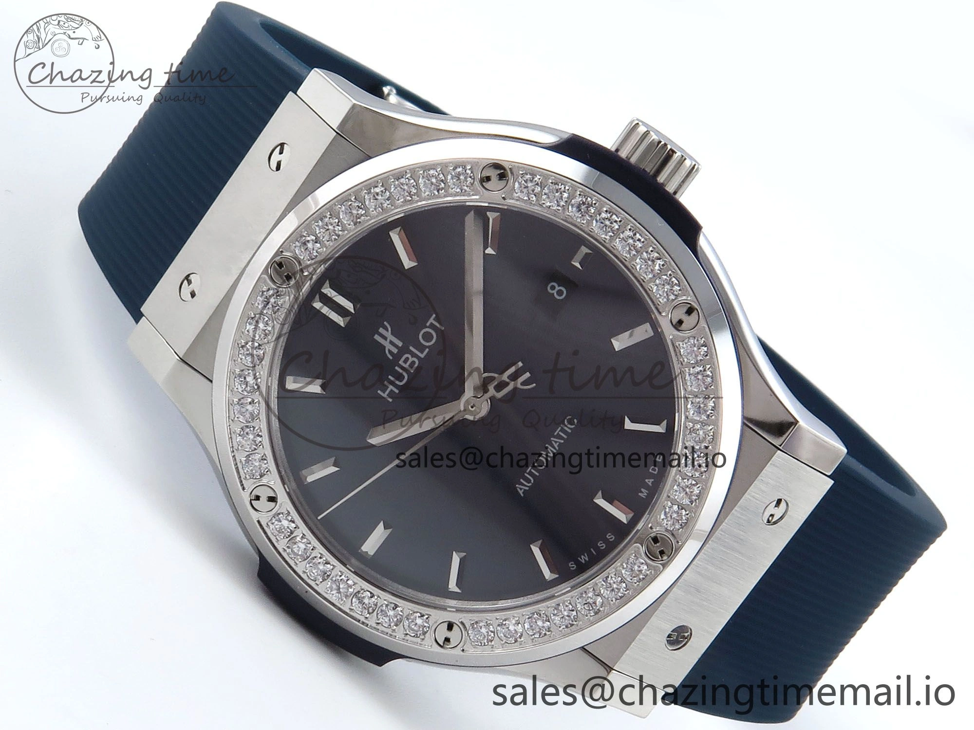 Contemporary Fusion Bang 42mm HBF 1:1 Best Edition Blue Dial Diamonds Bezel on Blue Rubber Strap A 6686
