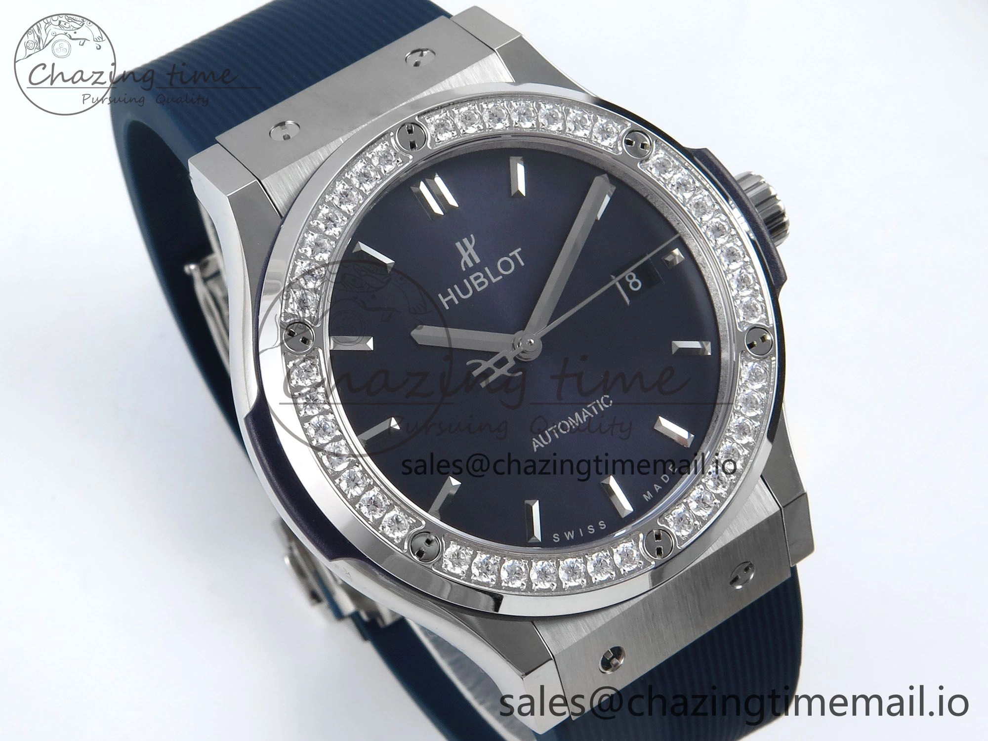 Contemporary Fusion Bang 42mm HBF 1:1 Best Edition Blue Dial Diamonds Bezel on Blue Rubber Strap A 6686